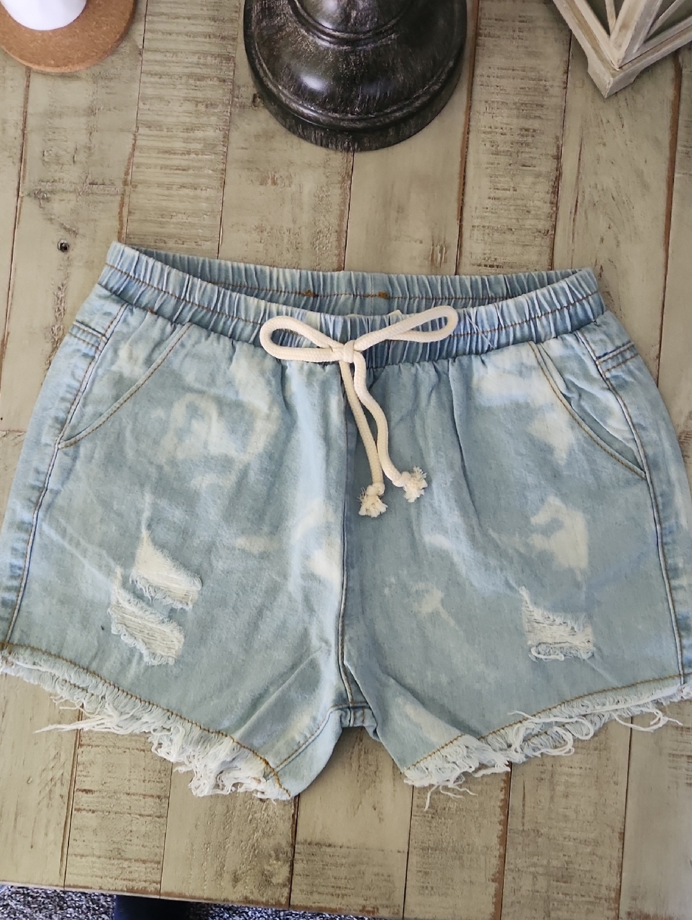 Hayden Girls Light Blue Distressed Denim Shorts with Drawstring